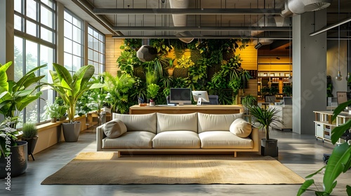 Sleek and Green Office Lounge with Natural Vibes #WorkplaceZen. Concept Modern Eco-Friendly Design, Biophilic Elements, Sustainable Furniture, Indoor Plants, Reclaimed Materials photo