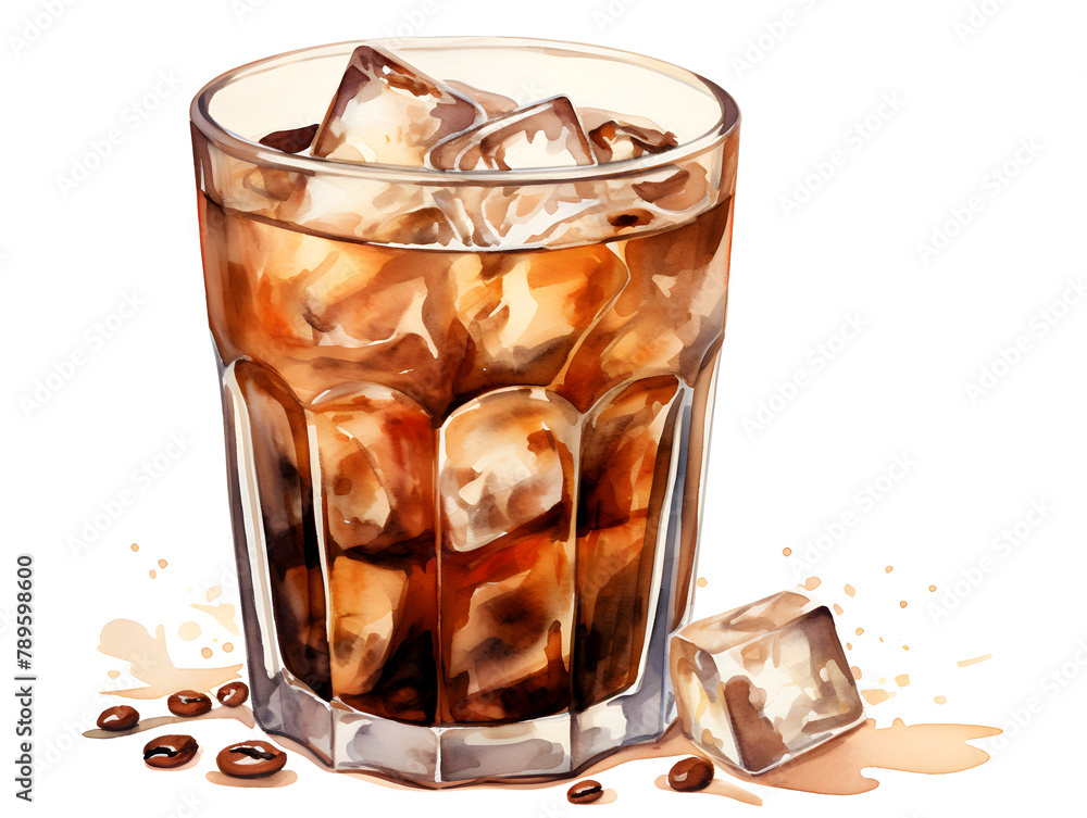 Watercolor illustration of black iced coffee in a glass on white background  - obrazy, fototapety, plakaty 