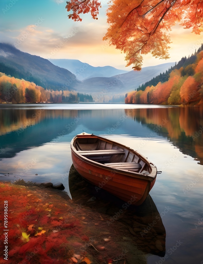 Boat on the lake in the autumnal forest