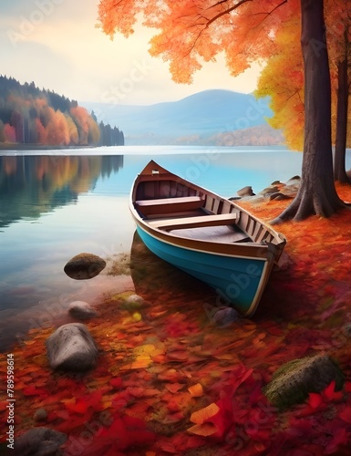 Boat on the lake in the autumnal forest