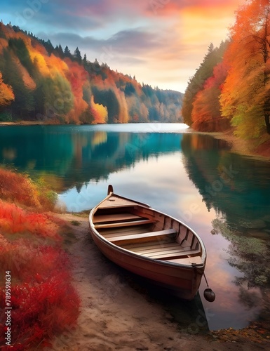 Boat on the lake in the autumnal forest photo