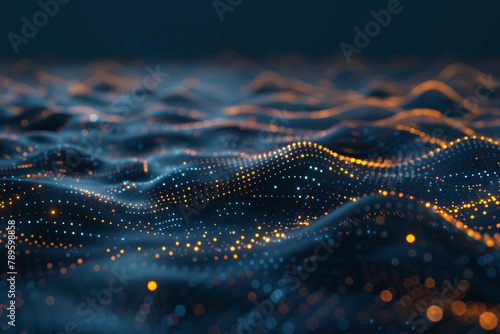 Dark Blue Abstract Background, Glowing Particles and Waves