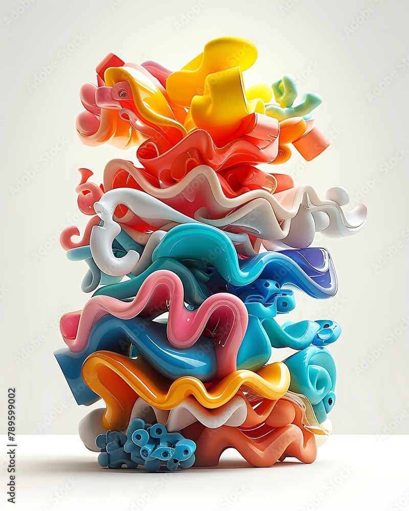 A vibrant and colorful abstract 3D composition of intertwined shapes and textures representing creativity and fluidity 
