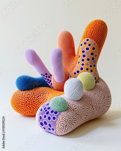 Colorful, textured fabric sculptures resembling coral shapes displayed on a neutral background for an artistic expression concept  photo