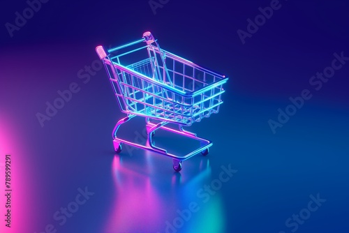 Digital shopping cart in the store in blue and purple colors, isometric view