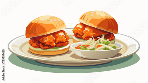 A dish with spicy buffalo chicken sliders, served with a crispy coleslaw.on a white background.Mouth-watering illustration of buffalo chicken sliders served with crispy coleslaw on a white background