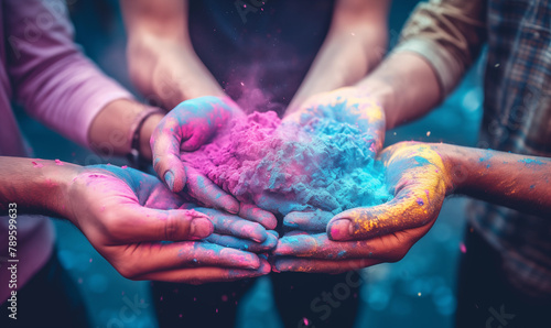 A group of people holding colorful powder in their hands #789599633