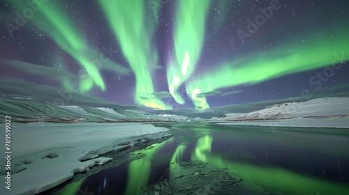 Majestic Northern Lights Display Over Serene Snowy Landscape