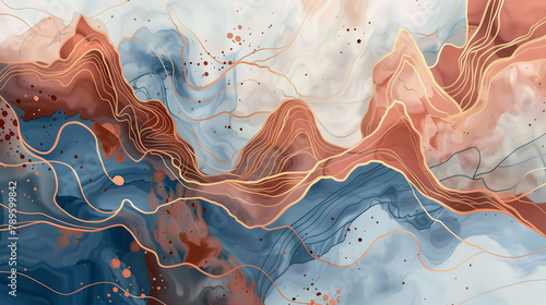 abstract red blue mountain background; a flowing mountainous landscape. Fluid lines in shades of red, white, and blue meander across the canvas photo