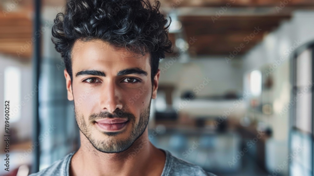 Handsome Young Man with Curly Hair Portrait Indoors Handsome Young Man with Curly Hair Portrait Indoors