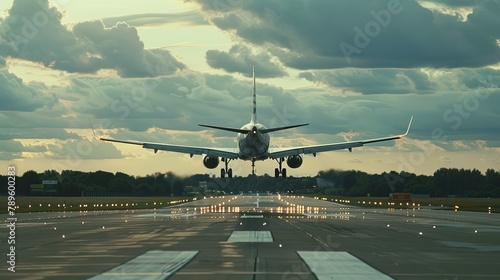 Frontal view of an airplane landing or taking off near the airport runway.