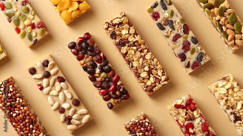 Healthy food bars on a beige background