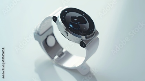 Modern smart watch, with white strap, on a white background.