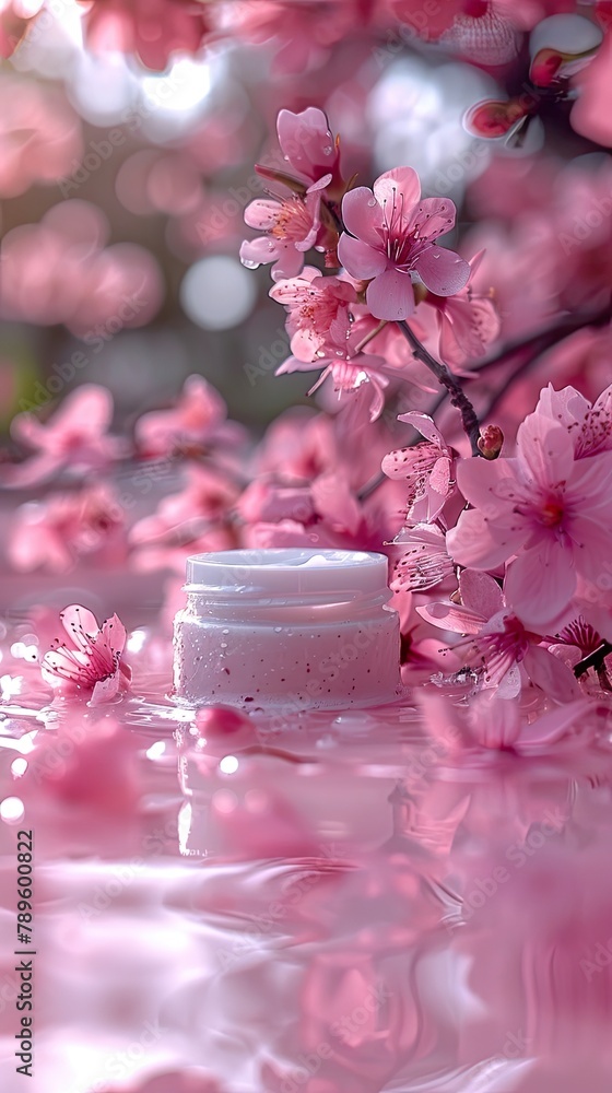 A small jar with moisturizing cream based on almonds, with branches full of pretty almond blossoms, pink tone, cosmetics concept. A small jar with moisturizing cream based on almonds, with branches full of pretty almond blossoms, pink tone, cosmetics concept.
