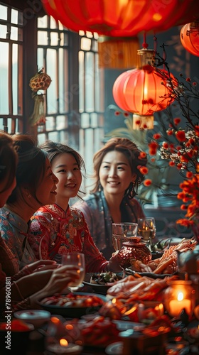 Chinese family dressed in a traditional way, sitting at a table sharing a dinner.
