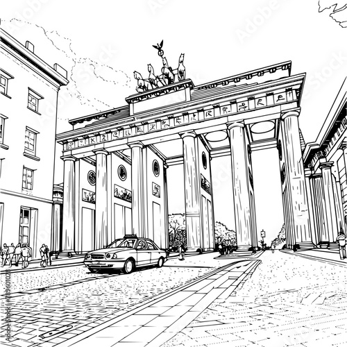 Outline Realistic Image of Sightseeing in Berlin, Coloring Book Illustration