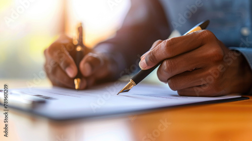 A person is seen writing on a piece of paper with a pen photo