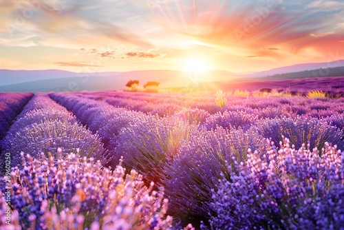   Lavender field in full bloom with a majestic sunrise in the background.