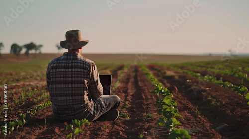 Farmer Multitasks Amidst Golden Sunset. AI generative.