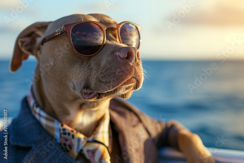 Portrait of a dog wearing a suit and sunglasses, posing outdoors