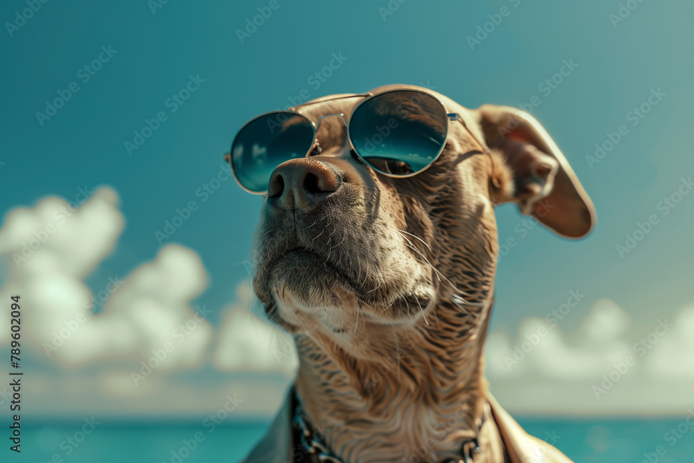 Stylishly dressed dog in sunglasses, close-up portrait