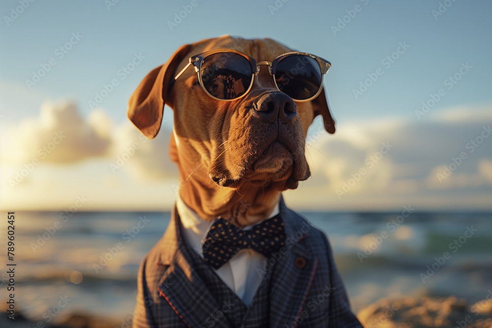 Boss dog in suit, bow tie and sunglasses, natural background
