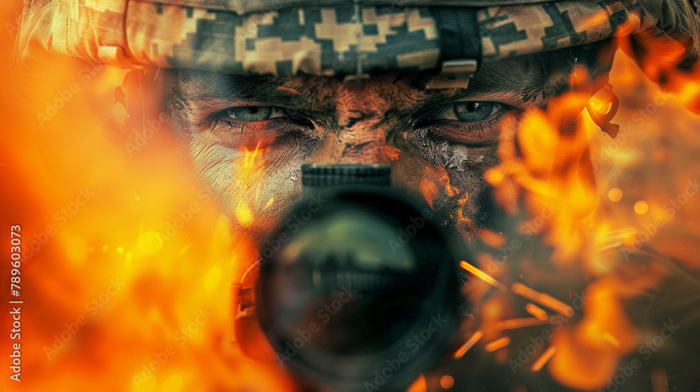 Tension in the battlefield: Sniper soldier and bomb in the foreground. - obrazy, fototapety, plakaty 