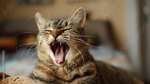 Tabby Cat Yawning Indoors During Daytime