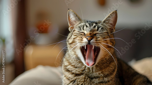 Tabby Cat Yawning Indoors During Daytime photo