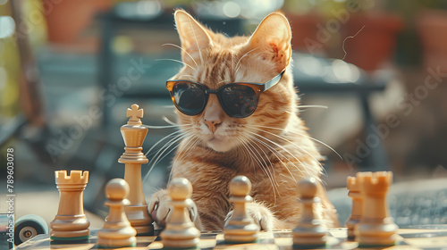 Orange Tabby Cat Wearing Sunglasses Playing Chess Outdoors