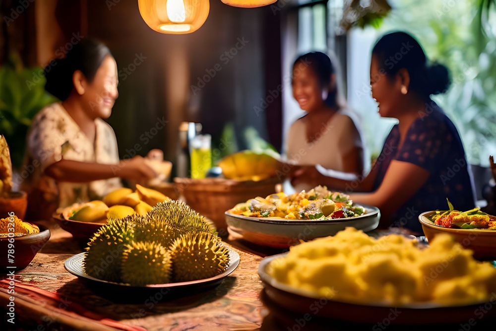 A warm family gathering around a table filled with delicious food in a cozy kitchen scene, with the aroma of freshly baked durian cake.