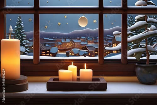 A cozy winter scene with a wooden table, flickering candle, and delicate branches.