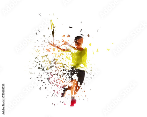 Tennis player, forehand shot, isolated low poly vector illustration with shatter effect