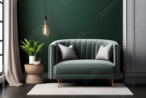 . A cozy living room with a gray armchair against a dark green wall, inviting ambiance.