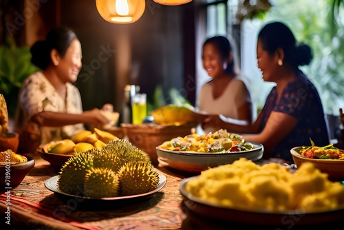 A warm family gathering around a table filled with delicious food in a cozy kitchen scene, with the aroma of freshly baked durian cake.