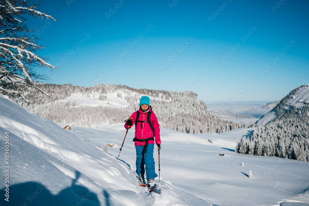 colorful ski tourer in white winter landscape colorful ski tourer in white winter landscape
