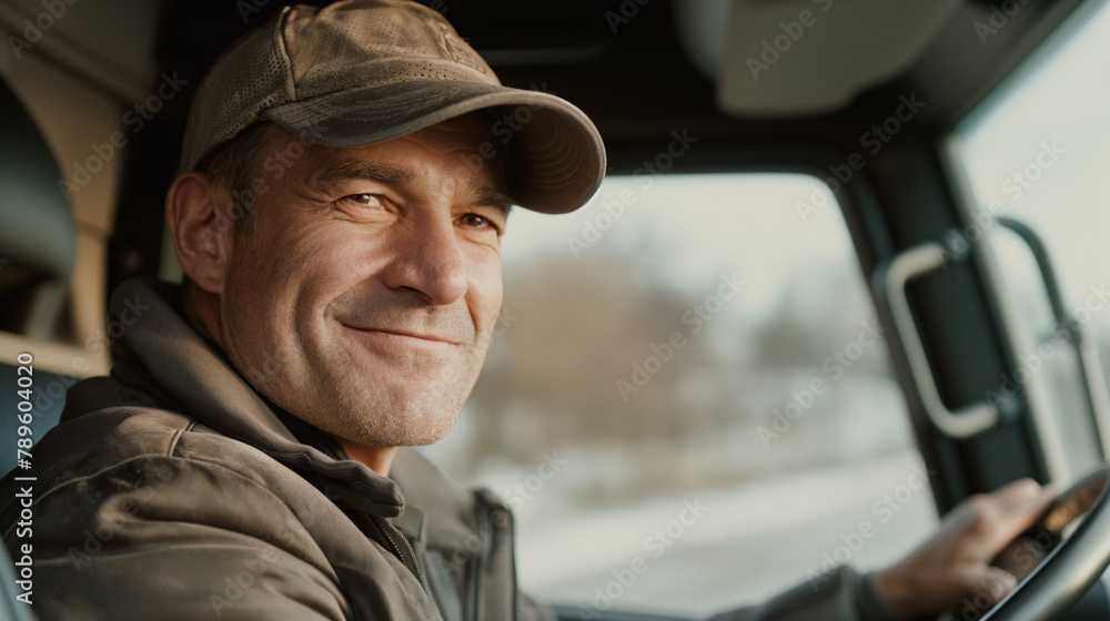 Truck driver looking at camera and smiling, close-up. Truck driver looking at camera and smiling, close-up.