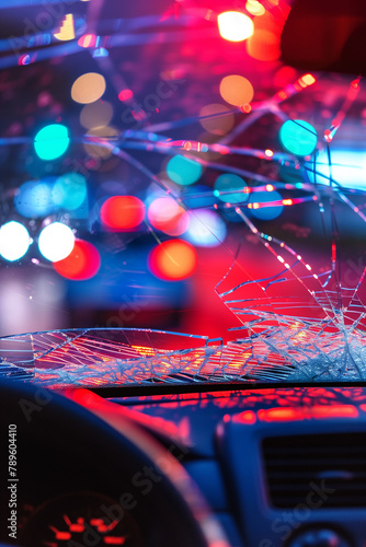Broken windshield of a car after a traffic accident. The cracks in the glass are illuminated by the police light