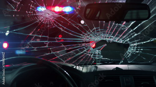 Broken windshield of a car after a traffic accident. The cracks in the glass are illuminated by the police light © zphoto83