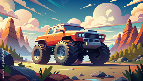 cartoon modern monster truck with big weel landscape 