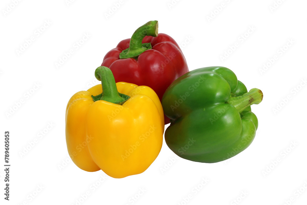 Yellow and red bell peppers on a white background, essential food ingredients Yellow and red bell peppers on a white background, essential food ingredients
