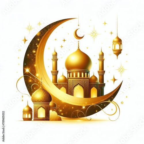 Illustration for eid al fitr with golden and crescent moon on white background