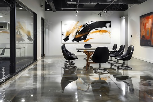 : Minimalist office interior with polished concrete floors, sleek black furniture, and abstract art on the walls. photo