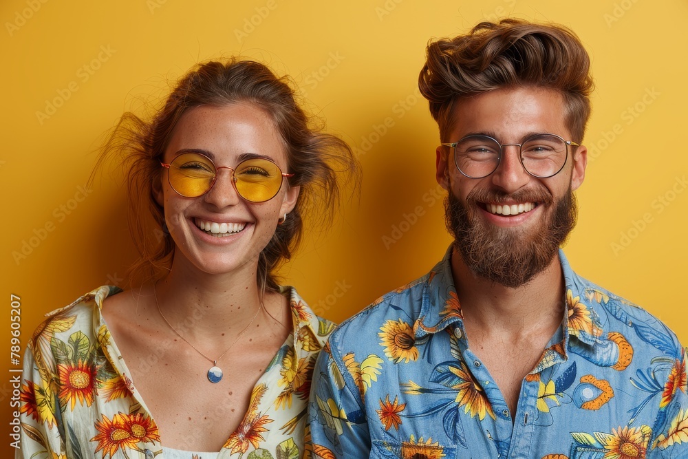 A joyful pair in vivid floral shirts and yellow sunglasses, smiling brightly A joyful pair in vivid floral shirts and yellow sunglasses, smiling brightly