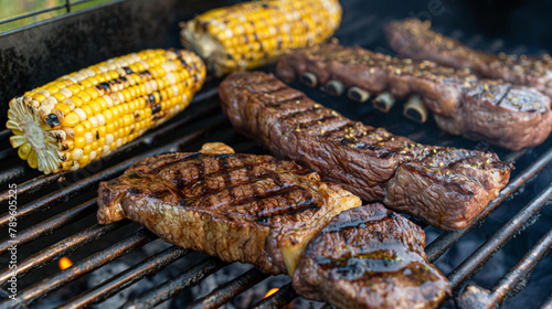 Juicy, golden-brown grilled steak with roasted corn and spices.