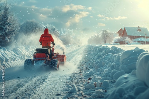 A snow removal vehicle works diligently to clear a road lined with snowdrifts under a bright winter sky photo