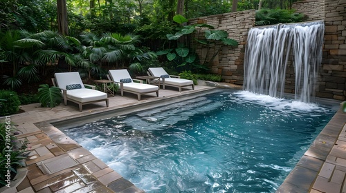 Tranquil Spa Oasis with Waterfall and Loungers. Concept Spa Interior Design, Relaxing Water Features, Comfortable Loungers, Tranquil Atmosphere, Healing Soundscapes