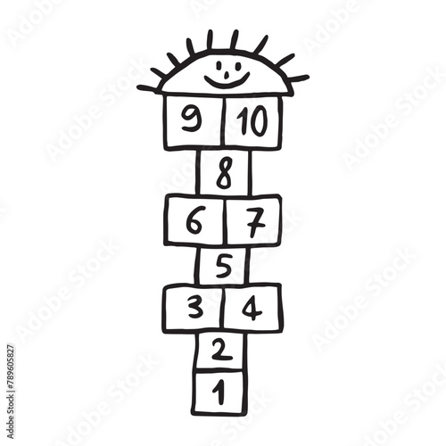 Doodle childlike game of hopscotch, sun smiling. Hand drawn line simple style. Outline drawing kids.