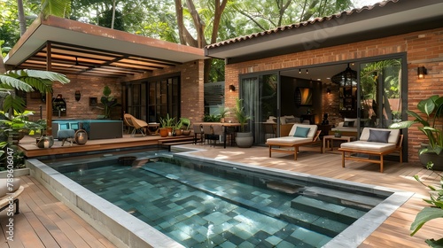 Serene Poolside Retreat with Modern Design and Lush Greenery. Concept Poolside Retreat, Modern Design, Lush Greenery, Serene Ambiance