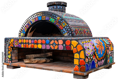 Hand-painted ceramic pizza oven with vibrant mosaic tiles and traditional patterns, isolated on white background. Folk art outdoor cooking concept. Design for cultural festival brochure, artisanal piz photo